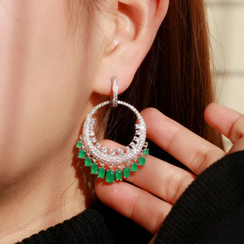 CWWZircons Fashion Big Round Ethnic Dangling Long Hoop Earrings for Women Green Clear CZ Wedding Dress Accessories CZ143