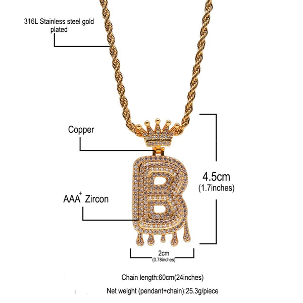 Custom Crown Bail Drip Initial Letters Chain Necklace