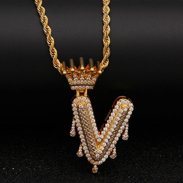 Custom Crown Bail Drip Initial Letters Chain Necklace