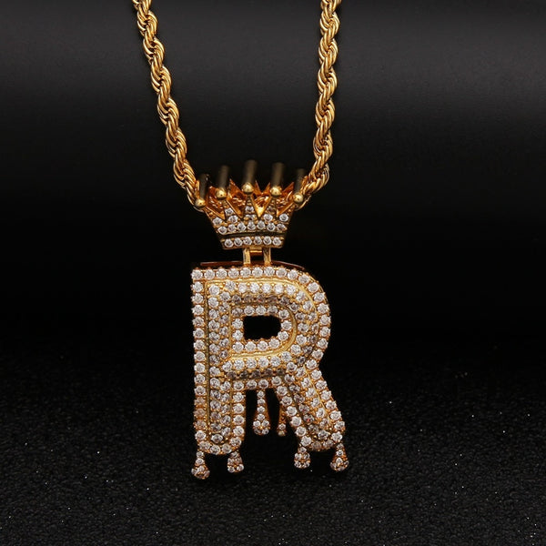 Custom Crown Bail Drip Initial Letters Chain Necklace