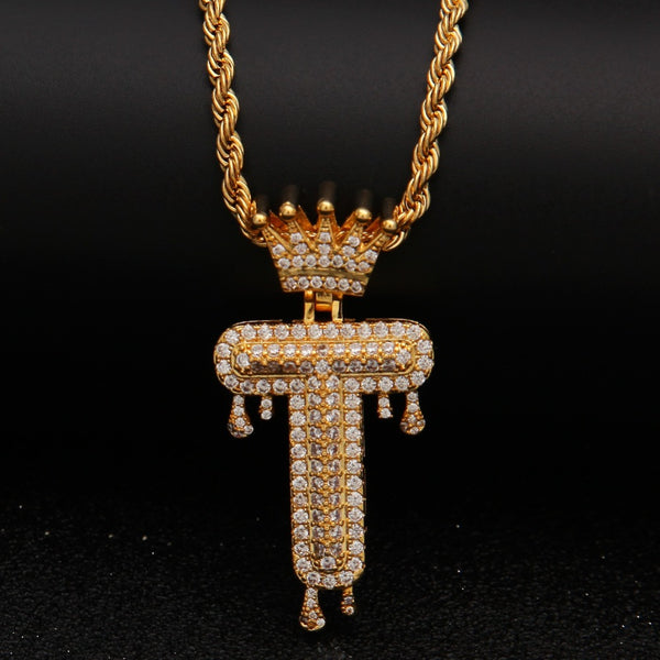 Custom Crown Bail Drip Initial Letters Chain Necklace