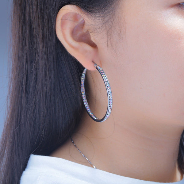 White Crystal Stone Large Hoop Earrings