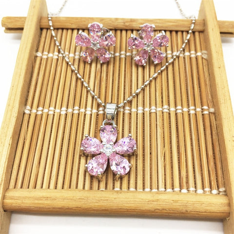 Flower Pink stone Silver Jewelry Sets