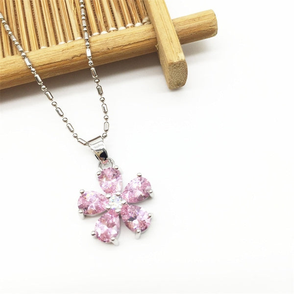 Flower Pink stone Silver Jewelry Sets