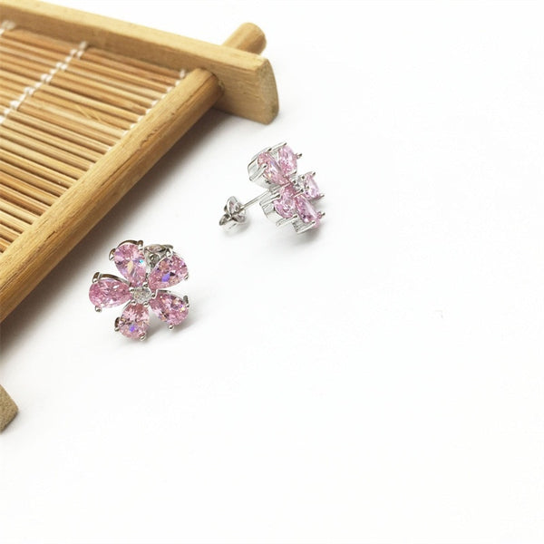 Flower Pink stone Silver Jewelry Sets